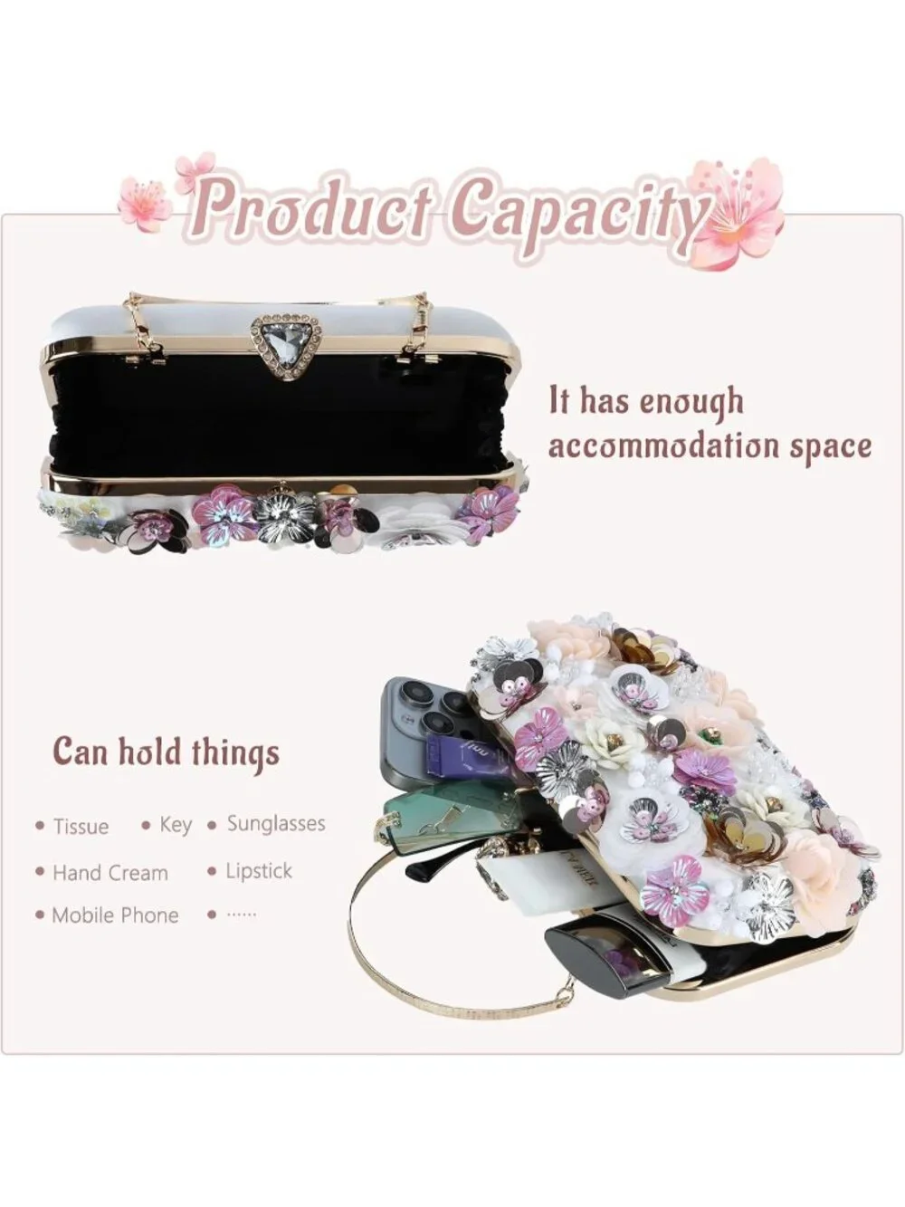 Women's Beige Clutches Flower Evening Handbag Chain Strap Elegant Shoulder Bag